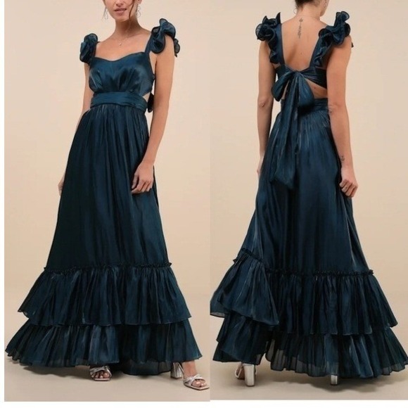 Lulus Teal Blue Ruffle Sleeve Tie Back Maxi Dress Size L